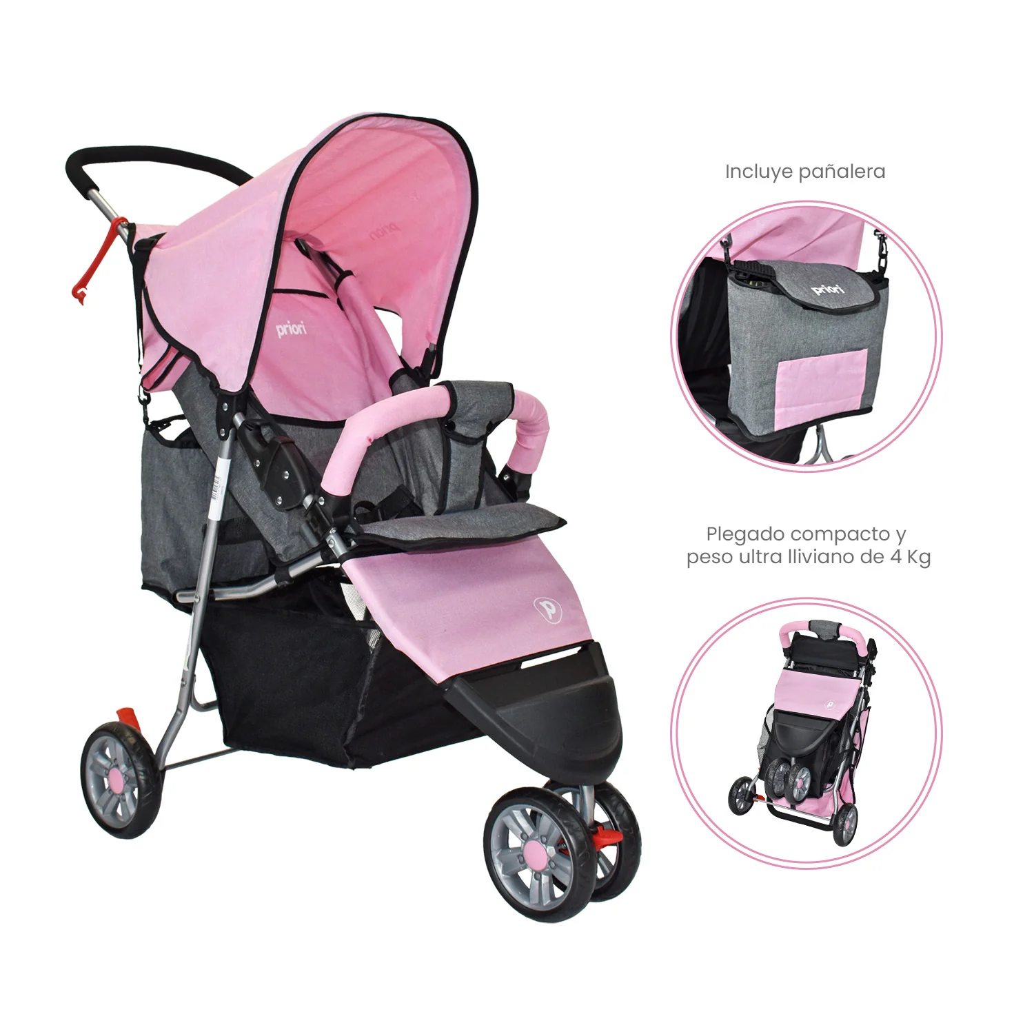 COCHE JOGGER + PAÑALERA MLN PRIORI ROSADO - Image 5